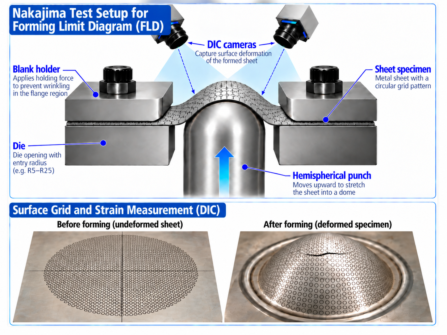 Nakajima forming limit test setup with hemispherical punch, die, blank holder, DIC cameras, undeformed sheet grid and deformed dome with circumferential crack